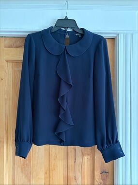 Brooks Brothers Navy Ruffle-Front Blouse with Peter Pan Collar